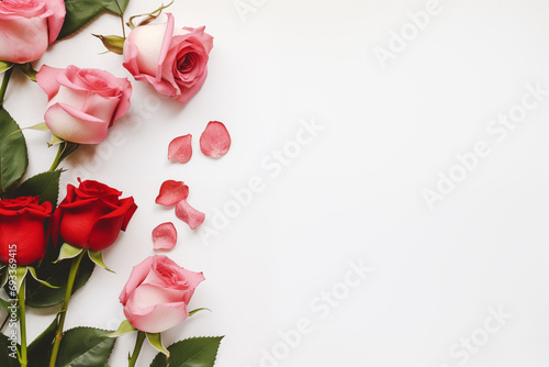 Vintage blank space card, paper card center of image, pink and red rose bunch on the left, all of them on white background, clean lighting, top view, valentine's day concept photo