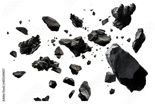 Falling black rocks isolated on transparent background Remove png, Clipping Path, pen tool photo