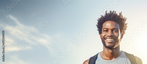 An African runner, a fitness enthusiast, smiles happily outdoors after a satisfying workout, inhaling the fresh air of a summer day.