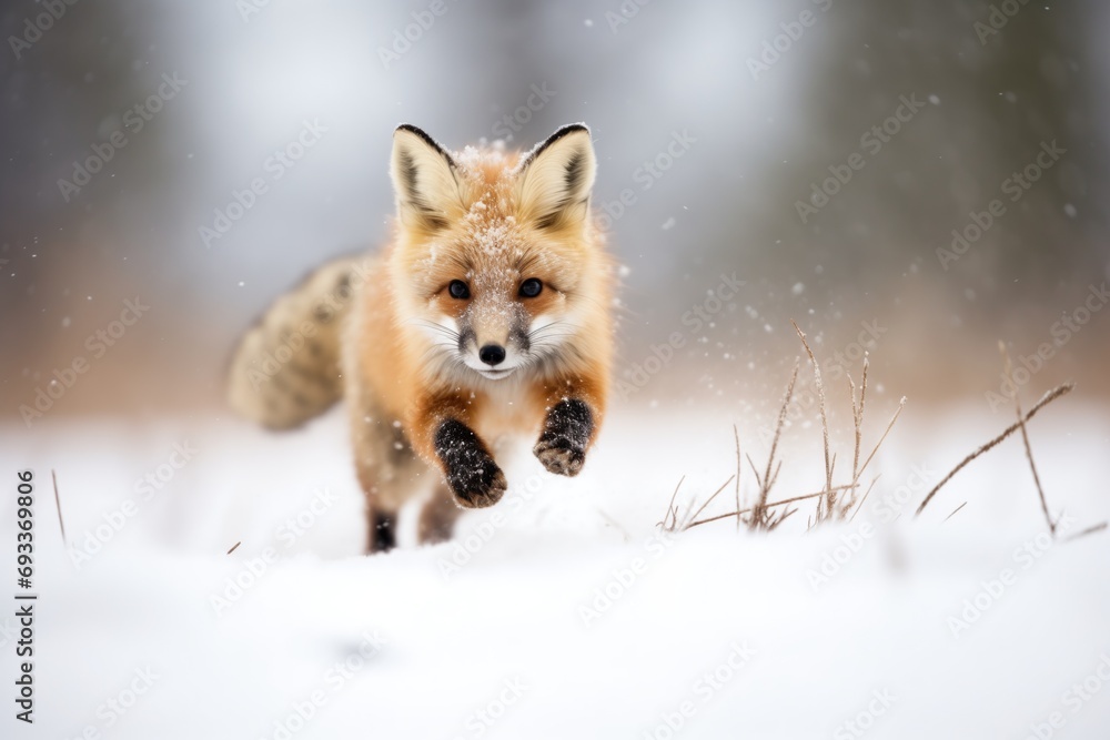 fox pouncing in powdery snow