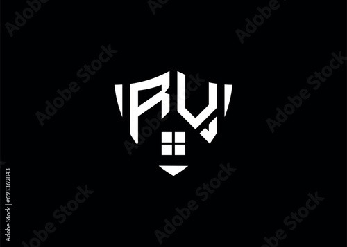 Real estate letter RV shield shape logo and house building vector template