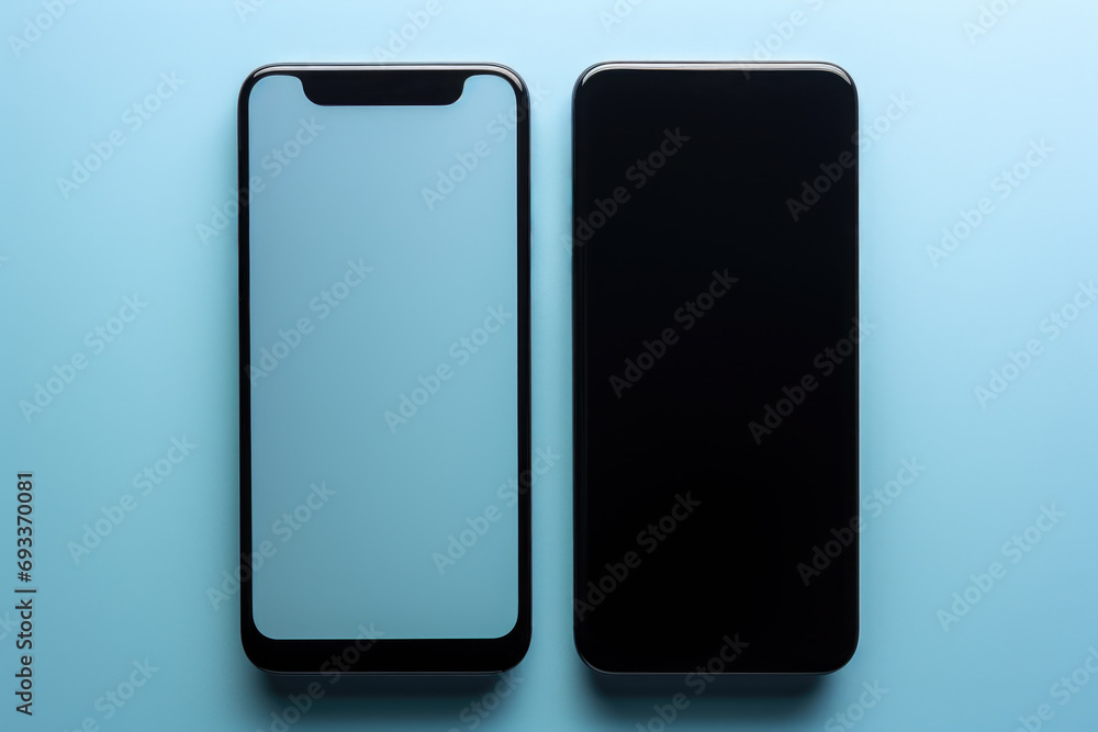Two black and blue smartphones placed side by side on blue surface. Technology and communication concepts. Two black and blue smartphones placed side by side on blue surface. Technology and communication concepts.