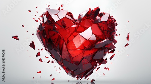 A broken heart made of bright red glass on a white background. 3d rendering. photo