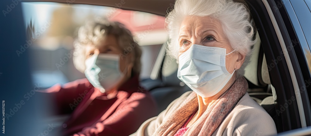 An attentive caregiver assists her elderly client in wearing masks for regular medical appointments while getting them in a car.