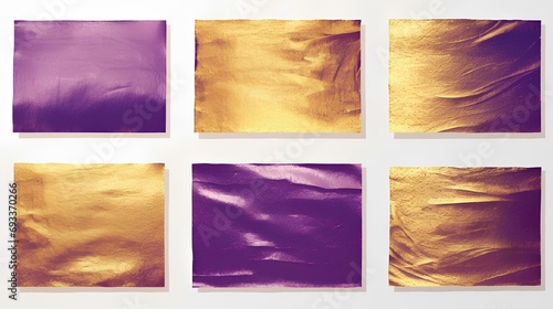 A colorful set of gradients. Gold, purple, bronze metallic gradients. A collection of samples of a brilliant purple metal color palette for the background, certificate, and ribbon color gradations. photo