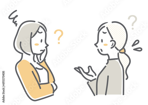 悩む二人の主婦　シンプルでお洒落な線画イラスト　