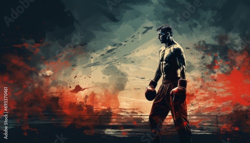 A street art style drawing of a boxing fighter on the ring in fighting stance. Realistic image of athlete with muscular naked torso wearing boxing gloves. Dark red and black grunge tones.