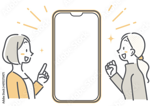 スマホの画面を見ながら喜ぶ二人の主婦　シンプルでお洒落な線画イラスト