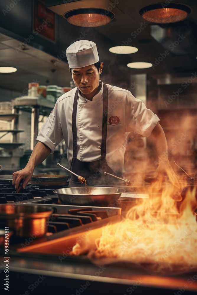 A chef is shown cooking in a kitchen with flames. This image can be used to depict the intensity and passion of cooking A chef is shown cooking in a kitchen with flames. This image can be used to depict the intensity and passion of cooking