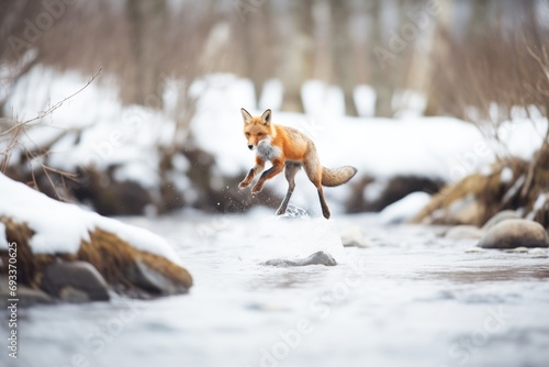 fox leaping over icy creek