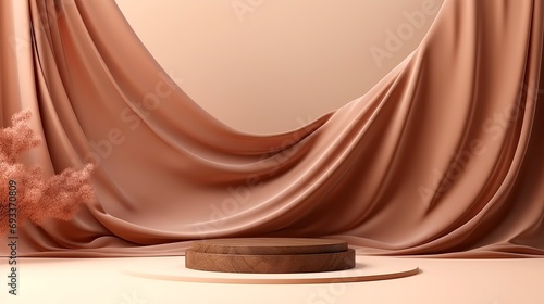3D display podium, brown background with wood frame pedestal and flying silk cloth curtain photo