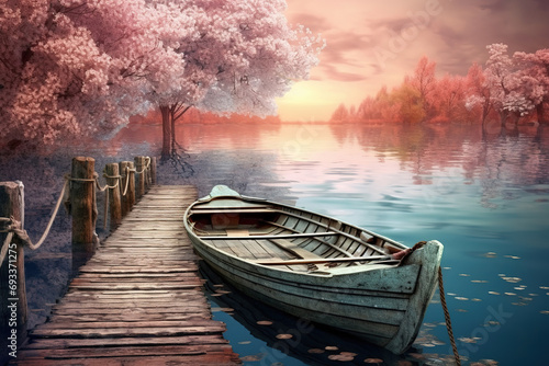 romantic jetty on the lake with old wooden boat © arhendrix
