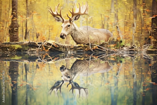 reflection of a moose in a still forest pond © stickerside