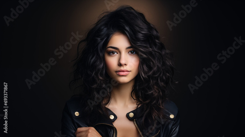 Portrait of a young Latin woman. Girl on a dark background. The girl looks at the camera. AI generative photo