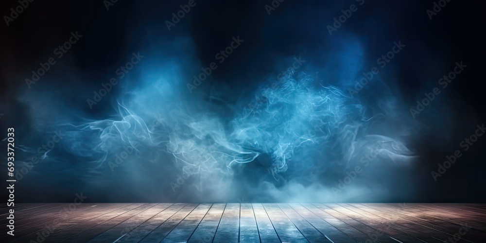Neon smoke nights. Dark and moody abstract background illuminated by electric blue glow of futuristic lights creating atmosphere of mystery and drama - obrazy, fototapety, plakaty 