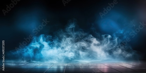 Neon smoke nights. Dark and moody abstract background illuminated by electric blue glow of futuristic lights creating atmosphere of mystery and drama