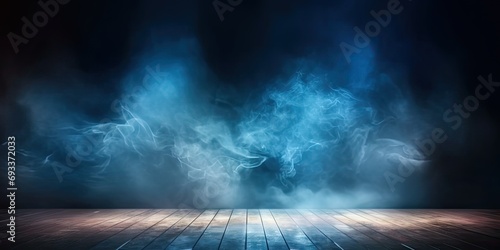 Neon smoke nights. Dark and moody abstract background illuminated by electric blue glow of futuristic lights creating atmosphere of mystery and drama
