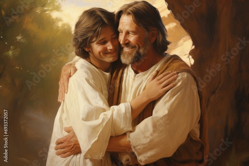 Jesus Christ's parable of the prodigal son, father's embrace, joyful reunion photo
