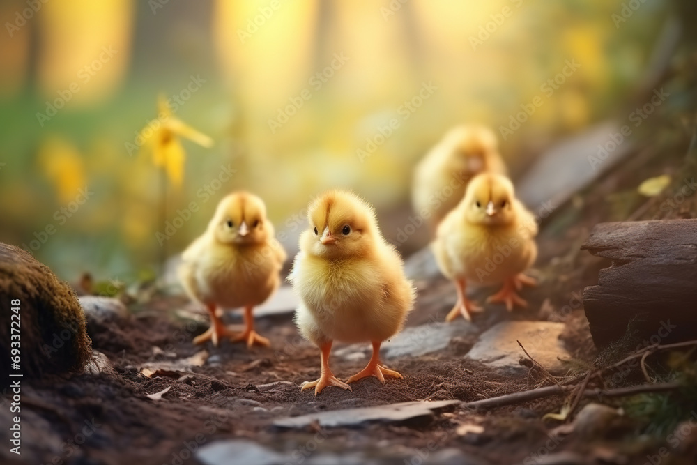 little chicks are walking in nature