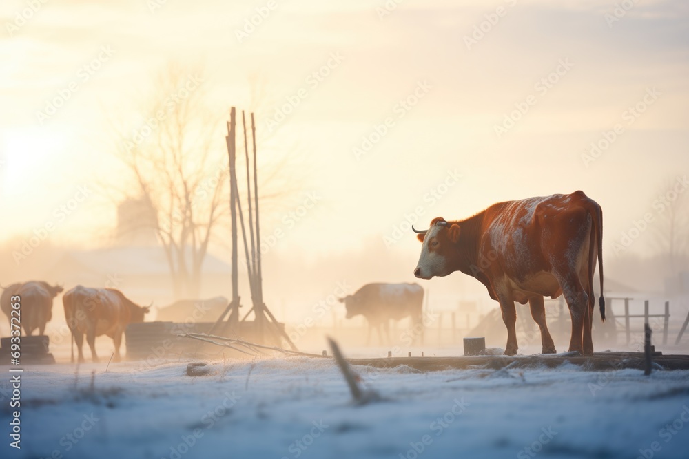 oxen breath visible on a cold morning - obrazy, fototapety, plakaty 