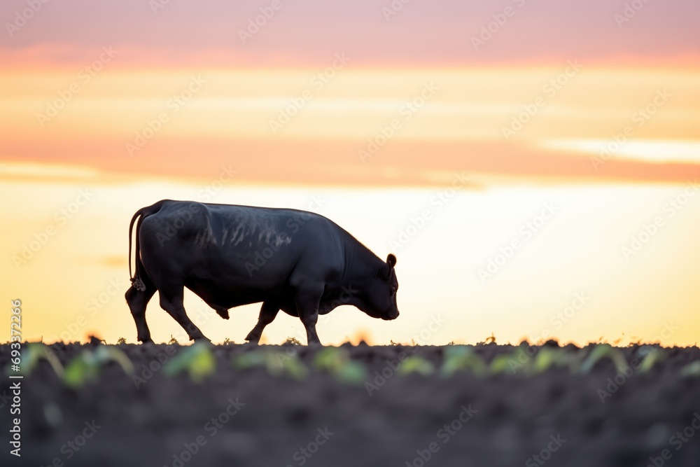 single ox silhouette against a sunset, plowing a fields edge