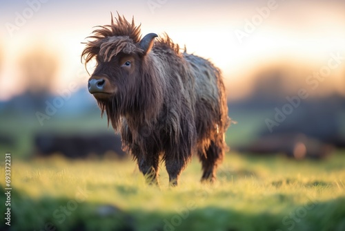 lone bison with shaggy coat at sunrise on prairie