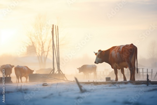 oxen breath visible on a cold morning