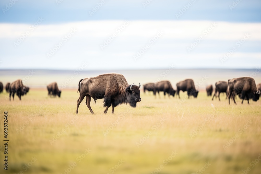 bison herd grazing on a grassland plain bison herd grazing on a grassland plain