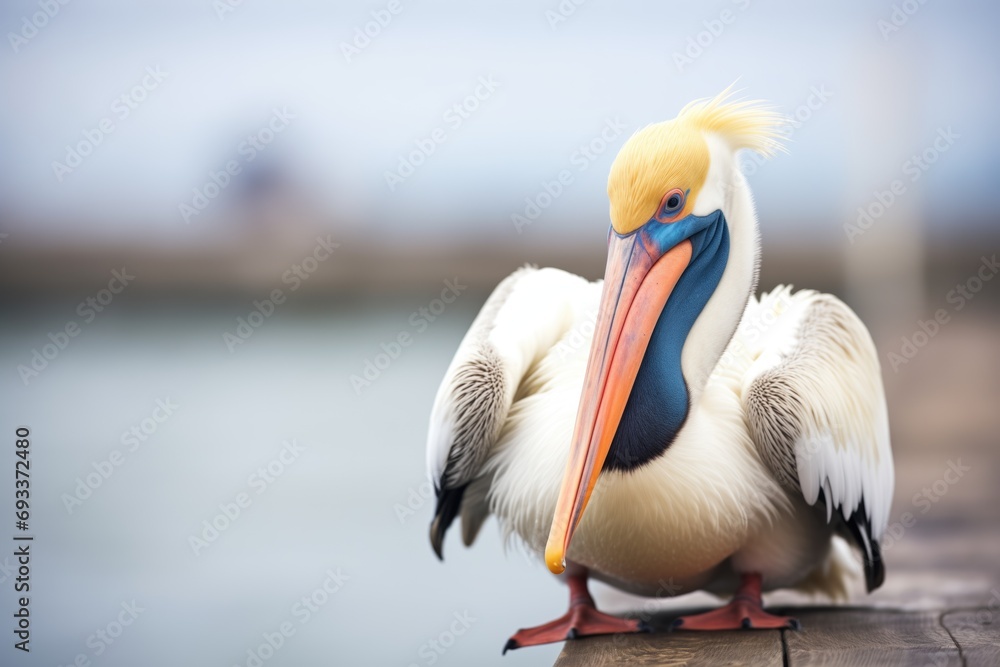pelican with stretched beak pouch, perched on pier pelican with stretched beak pouch, perched on pier