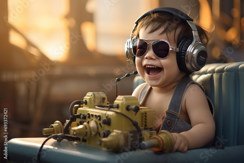 laughing child with aviator goggles and headphones