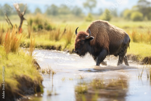 bison crossing a shallow stream in a prairie