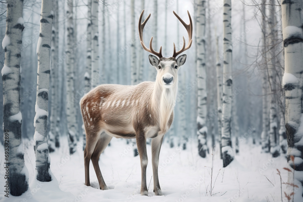 impressive reindeer in the forest in winter impressive reindeer in the forest in winter