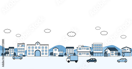 街並みに車が走るループアニメーション　背景　フラットイラスト　ブルー　風景　町並み　住宅街　トラック