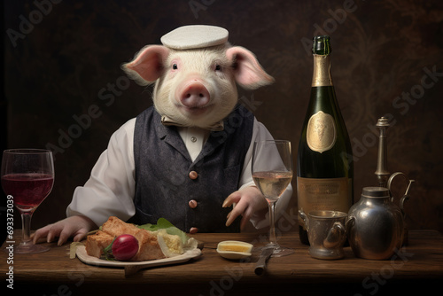 happy lucky pig with champagne on New Year's Eve