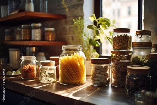 A wooden counter displaying an assortment of food-filled jars. Ideal for food and kitchen-related projects © Fotograf