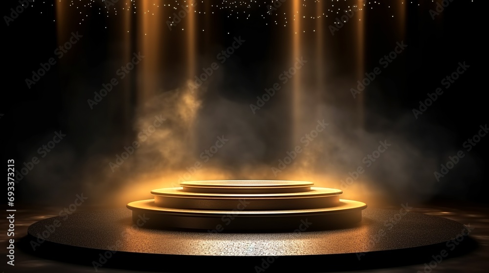 Gold podium on dark background with smoke. Empty pedestal for award ceremony. Platform illuminated by spotlights