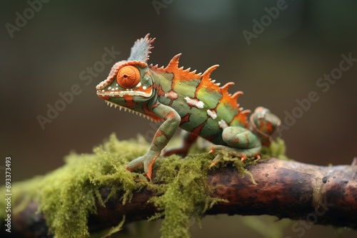 chameleon on bark with mossy patches