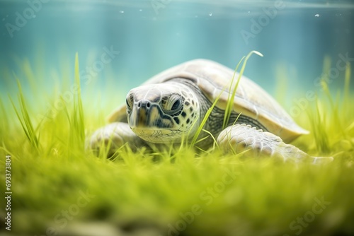 sea turtle feeding on seagrass bed