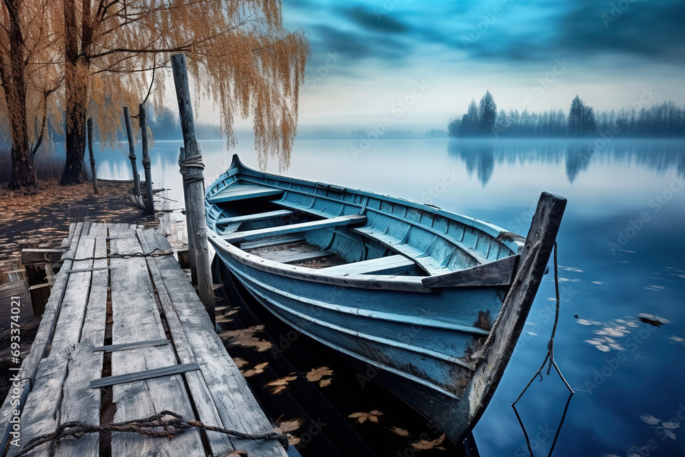 Obraz premium blue rustic wooden boat on the jetty at the lake