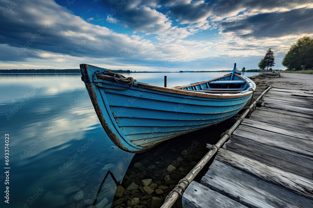 Obraz premium blue rustic wooden boat on the jetty at the lake