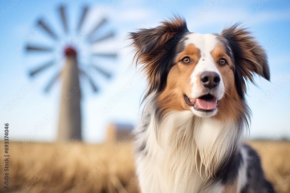 australian shepherd with windmill backdrop