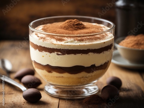 Tiramisu dessert served in a glass cup on a wooden background, Classic tiramisu dessert in a glass cup on wooden background, chocolate and cinnamon