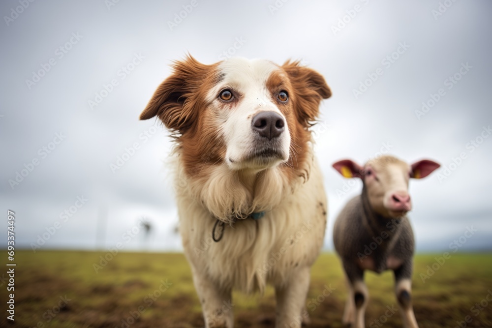 dog and sheep outlined against a cloudy sky