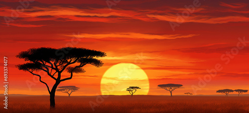 Depict a horizon with acacia trees on an African savannah, with the sun setting in warm hues behind them. © Eshana