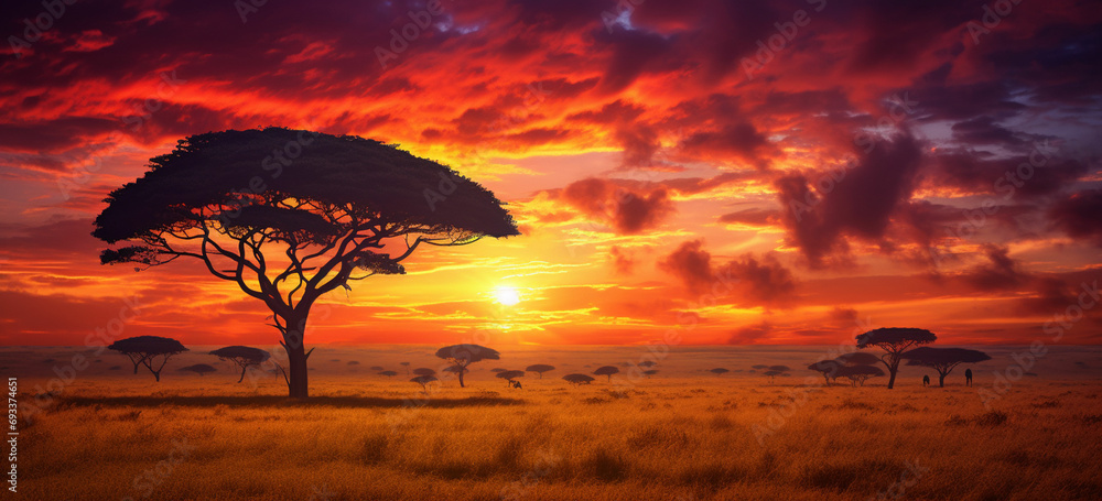 Depict a horizon with acacia trees on an African savannah, with the sun setting in warm hues behind them.