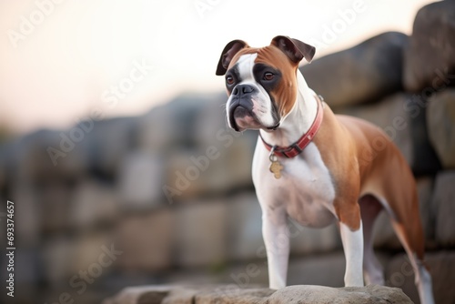 boxer dog on a stone wall at dusk