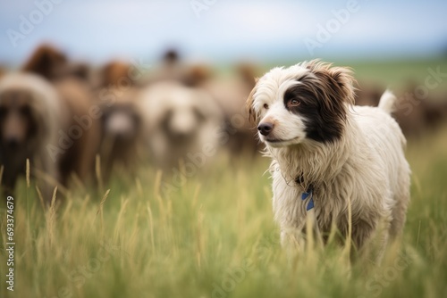 herding dog pausing as sheep graze calmly photo