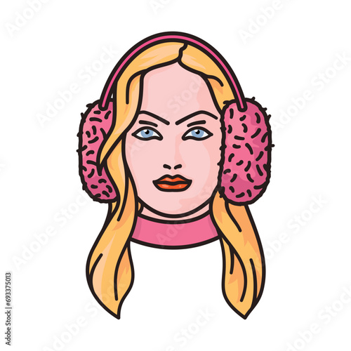 Beautiful young woman portrait with ear muffs isolated vector illustration for Earmuff Day on March 13. Fashion and accessories symbol.