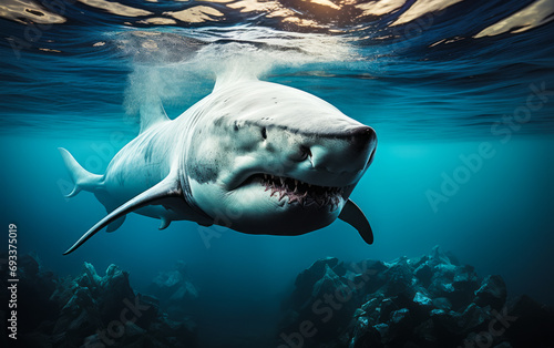 Majestic Great White Shark Gliding Through Sunlit Waters Above Deep Ocean Floor, Predatory Beauty of Marine Life © Bartek