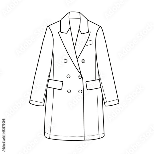 Double-breasted coat. Outerwear coat technical fashion illustration. Flat coat template front view.
